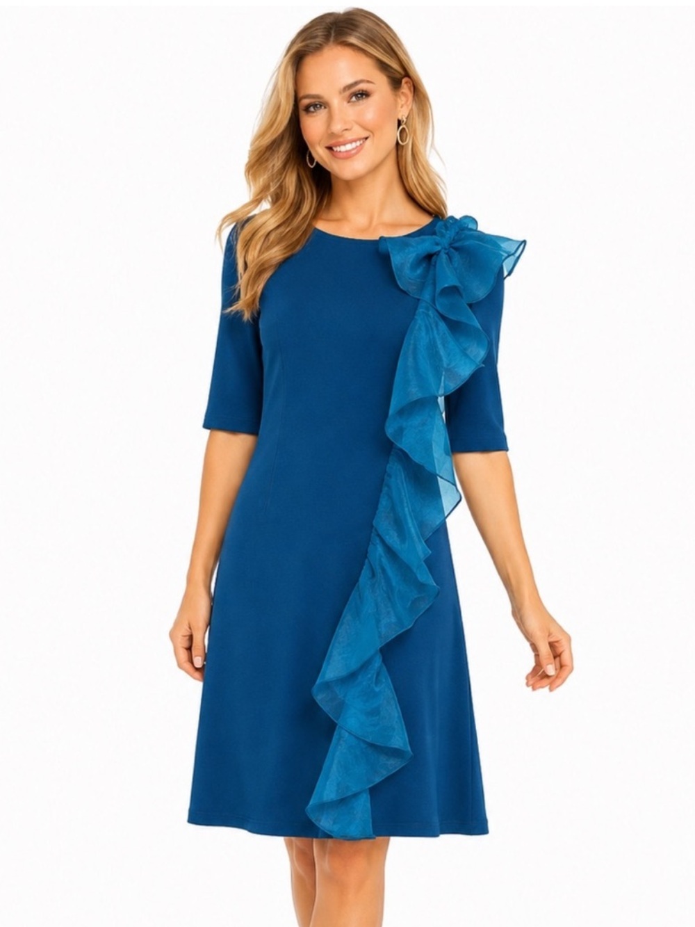 C Wonder by Christian Siriano Blue Cascade Organza Ruffle Cocktail Midi Dress